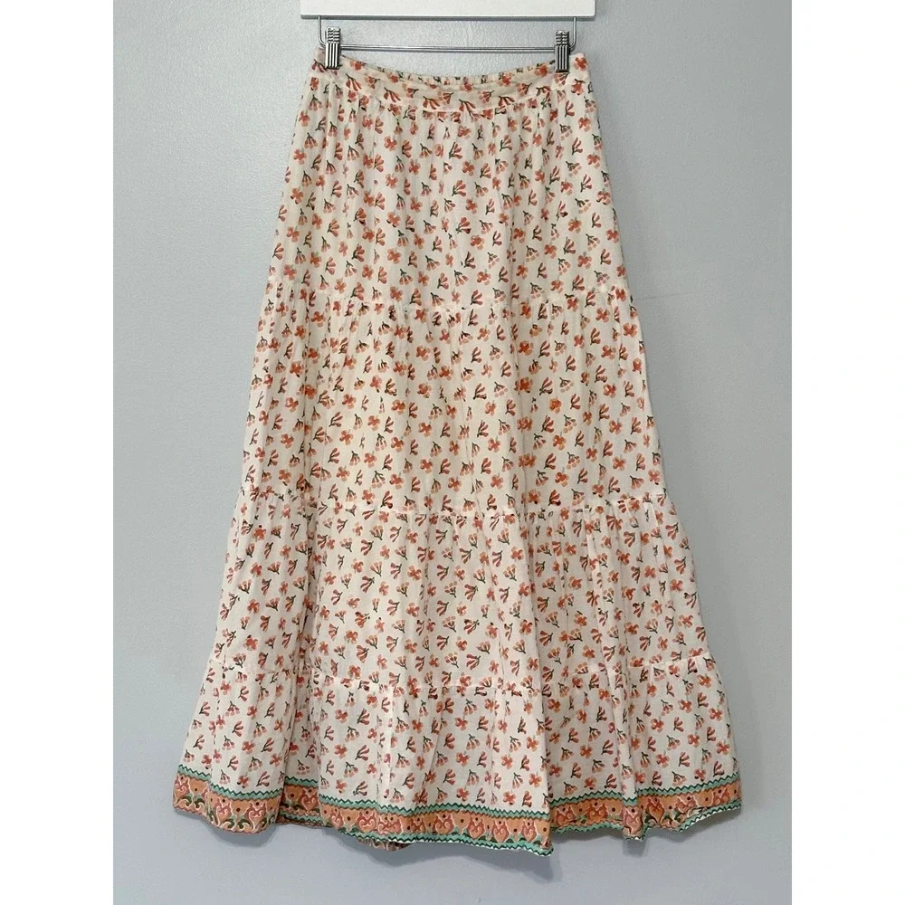 Hampton House A-Line Tiered Floral Cotton‎ Maxi Skirt Size x-small Boho Cottage